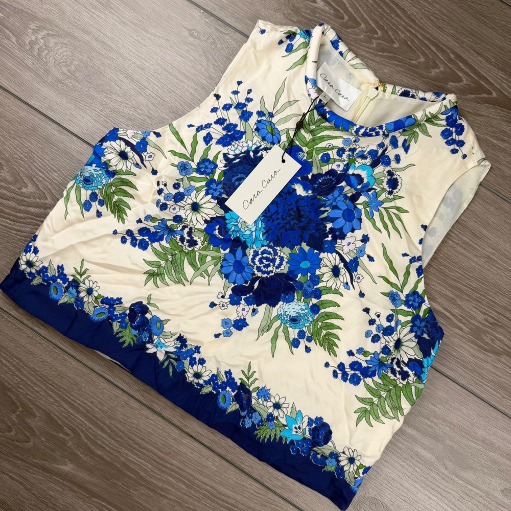 Cara Cara Women Mackenzie Top Floral Silk Blend Bombay Bouquet Blue L